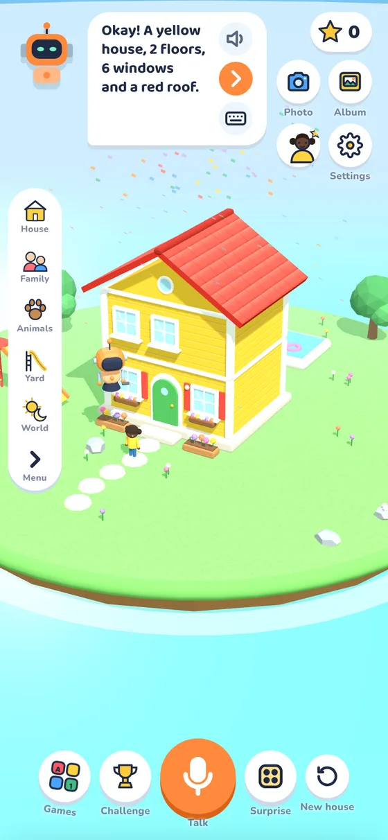 Bo the robot has built a yellow two-floor house with a red roof, a pool and a slide on a little green island