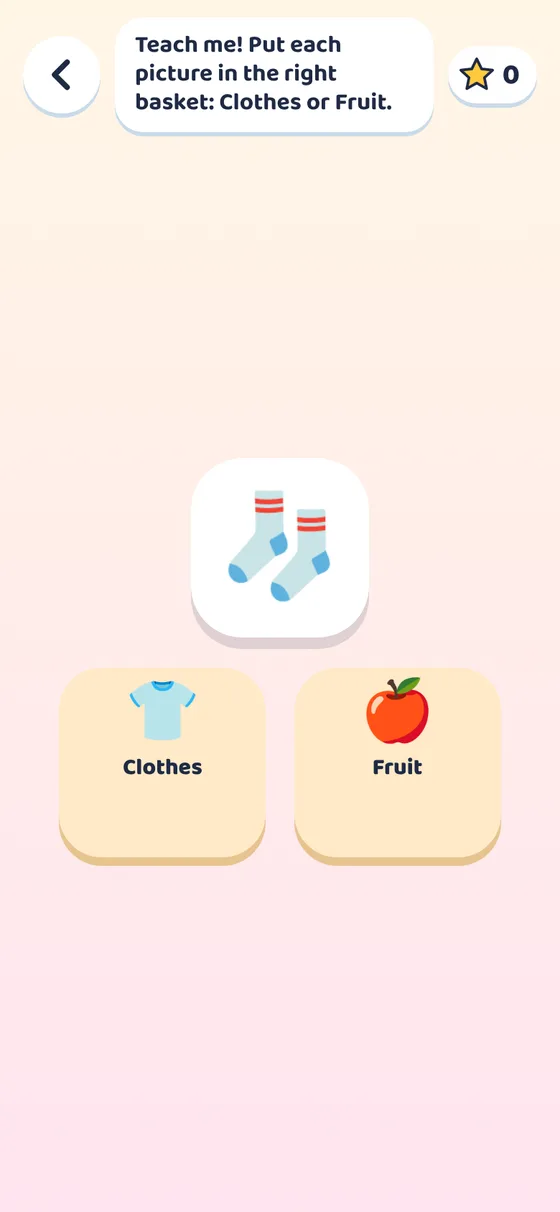 Teach Bo game: sort socks into the Clothes or Fruit basket