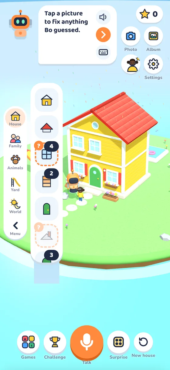 The build menu shows the house parts; guessed parts have an orange question mark
